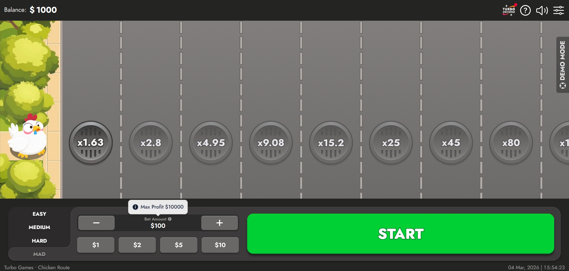 Interfaccia del gioco Chicken Route
