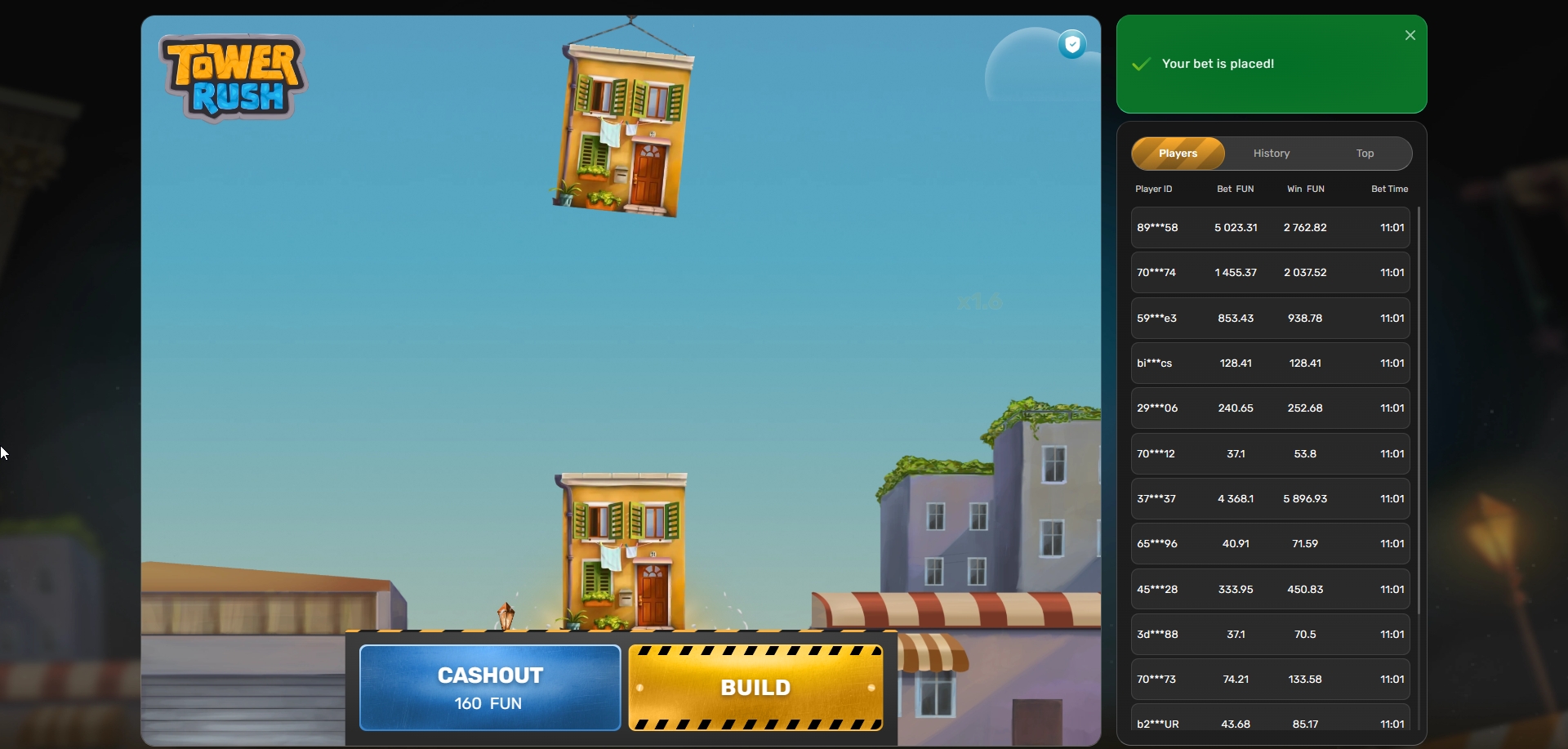 Tower Rush casino - interface de jeu