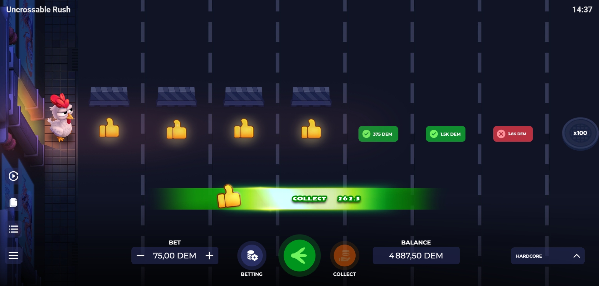 Uncrossable Rush win 260 dollars